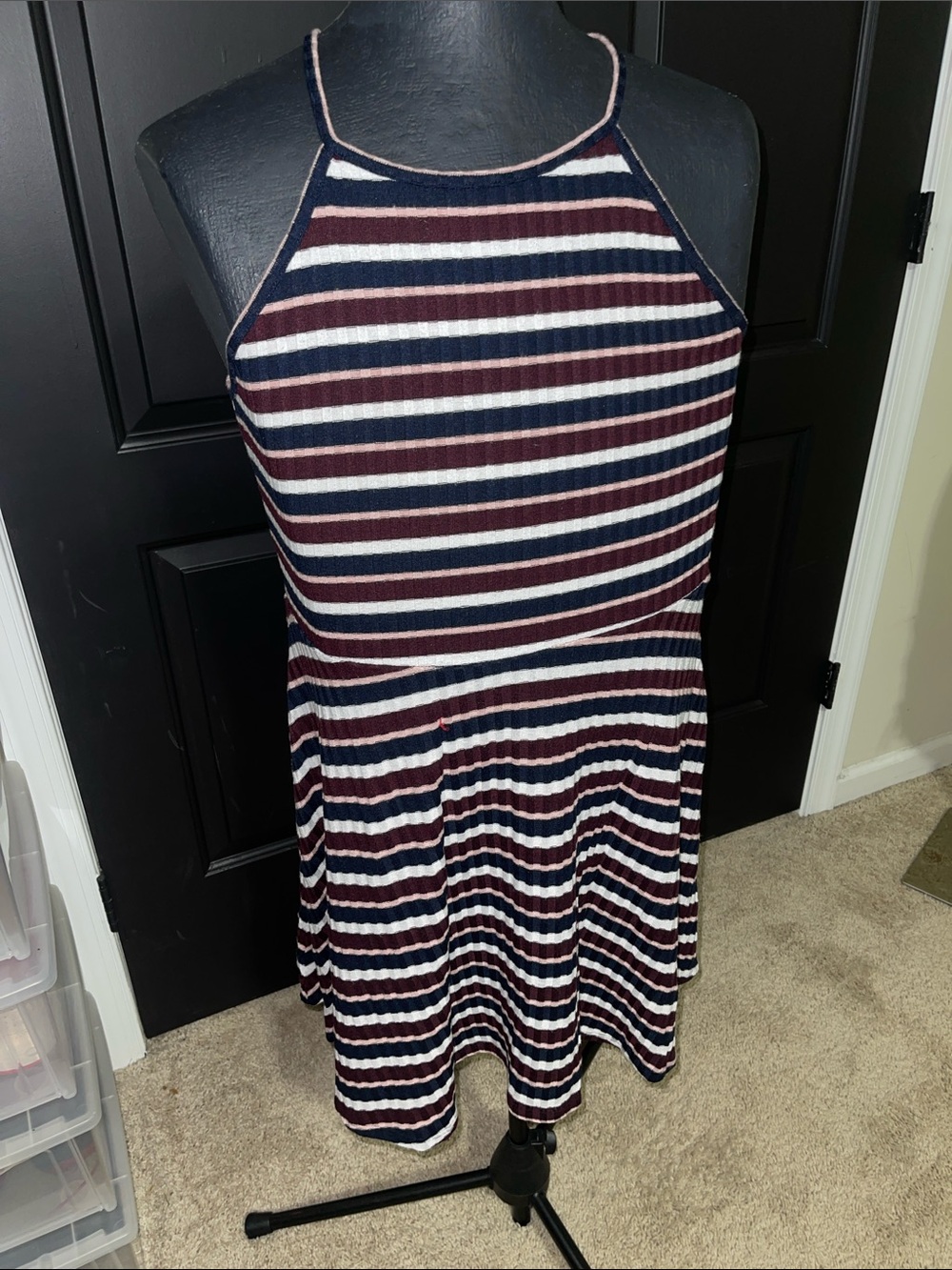 Mossimo Supply Co. Striped Halter Tank Dress in Navy, Burgundy & White